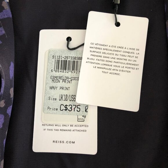 Reiss Esmerelda-Coco Moon Print Deep V Nk Mini Dress Navy Burnt Org Tan Sz 6 NWT - Picture 12 of 16